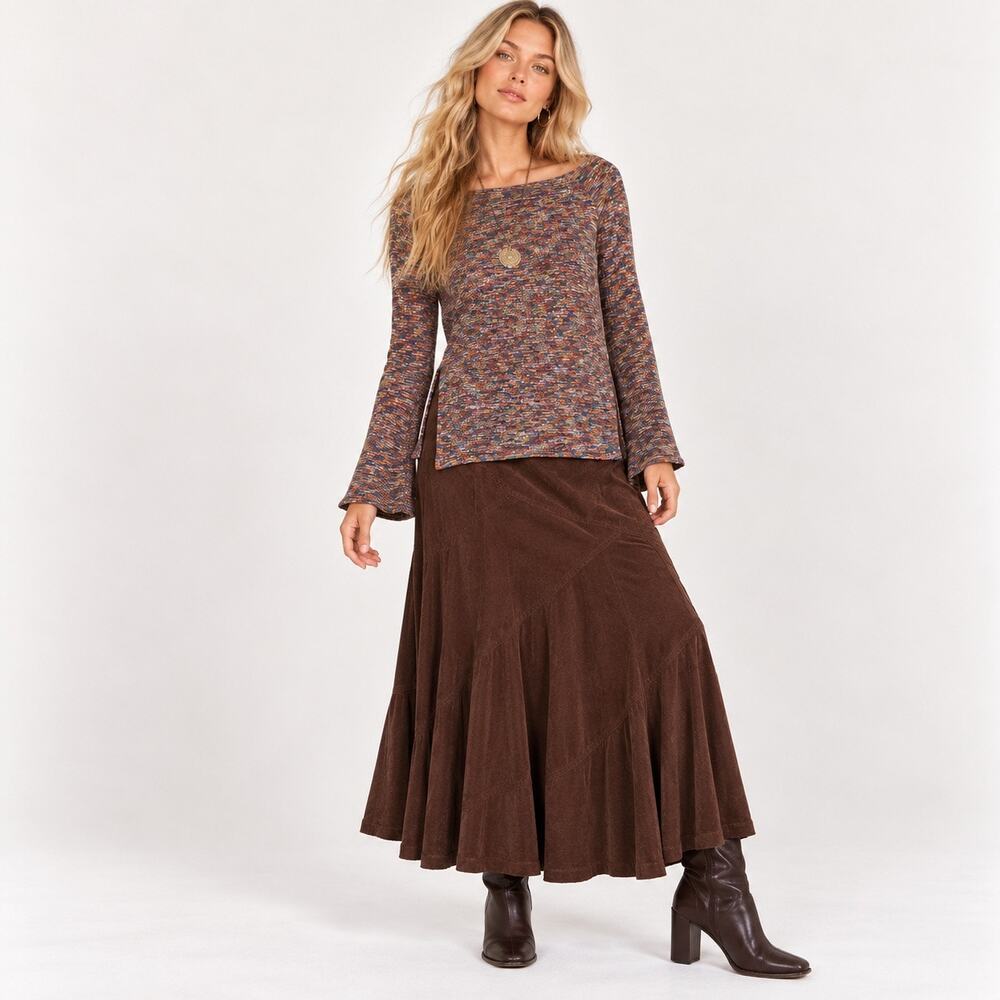 Akemi + Kin Multicolor Marled Knit Bell Sleeve Boat Neck Top M Boho Fall Layer